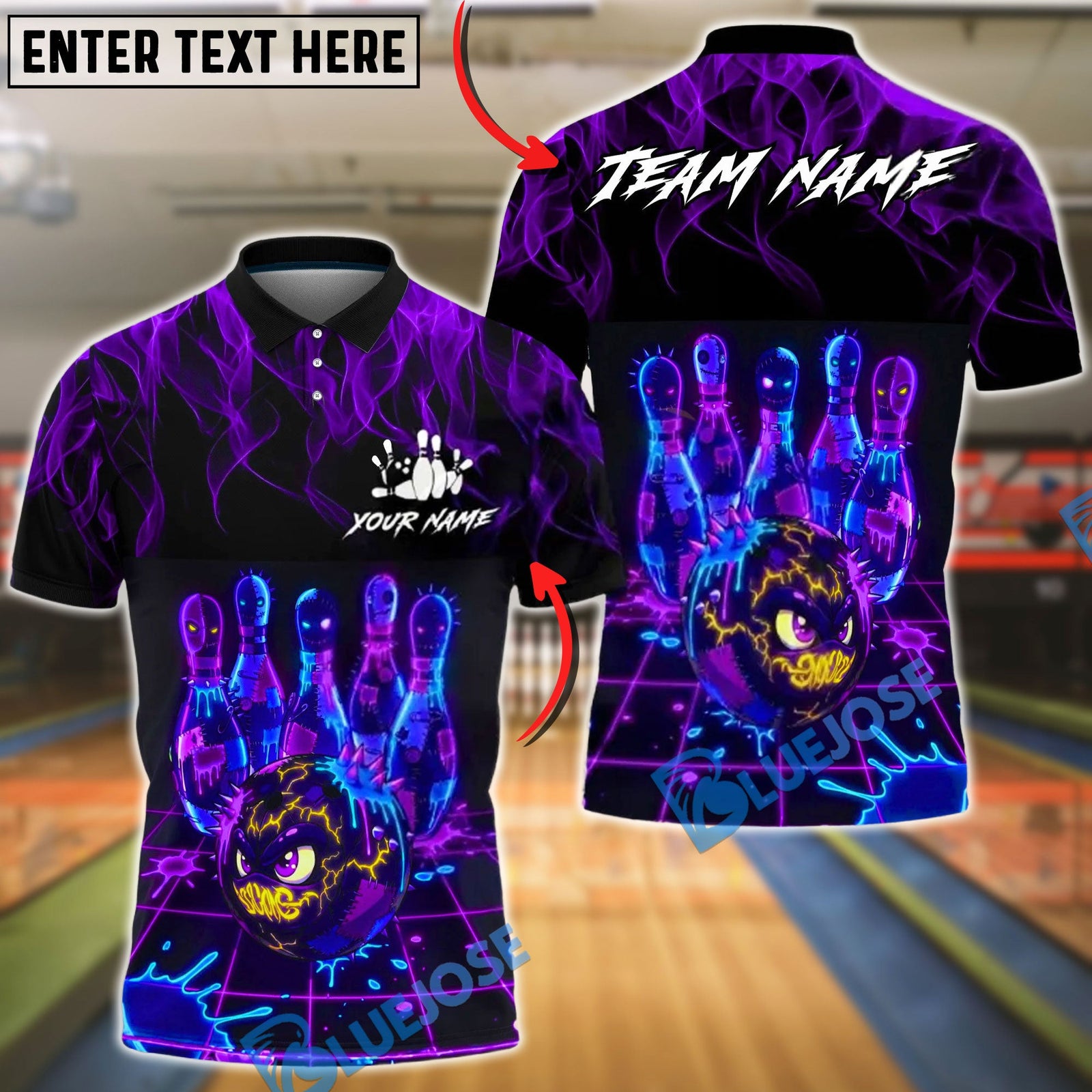 BlueJose Bowling & Pins Neon Cyber Electric Art Customized Name, Team Name 3D Shirt (4 Colors)