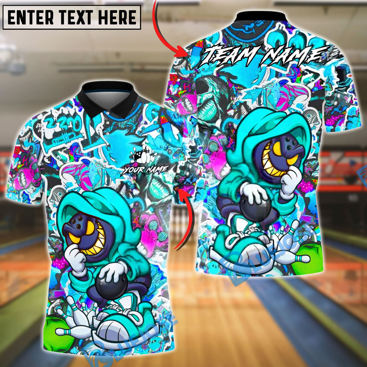 BlueJose Bowling & Pins Street Sticker Hoodie Bowler Customized Name, Team Name 3D Shirt (4 Colors)