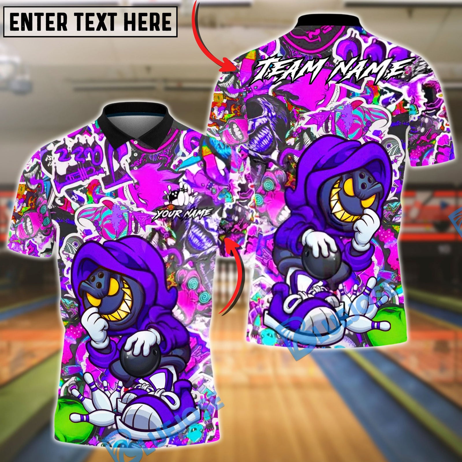 BlueJose Bowling & Pins Street Sticker Hoodie Bowler Customized Name, Team Name 3D Shirt (4 Colors)