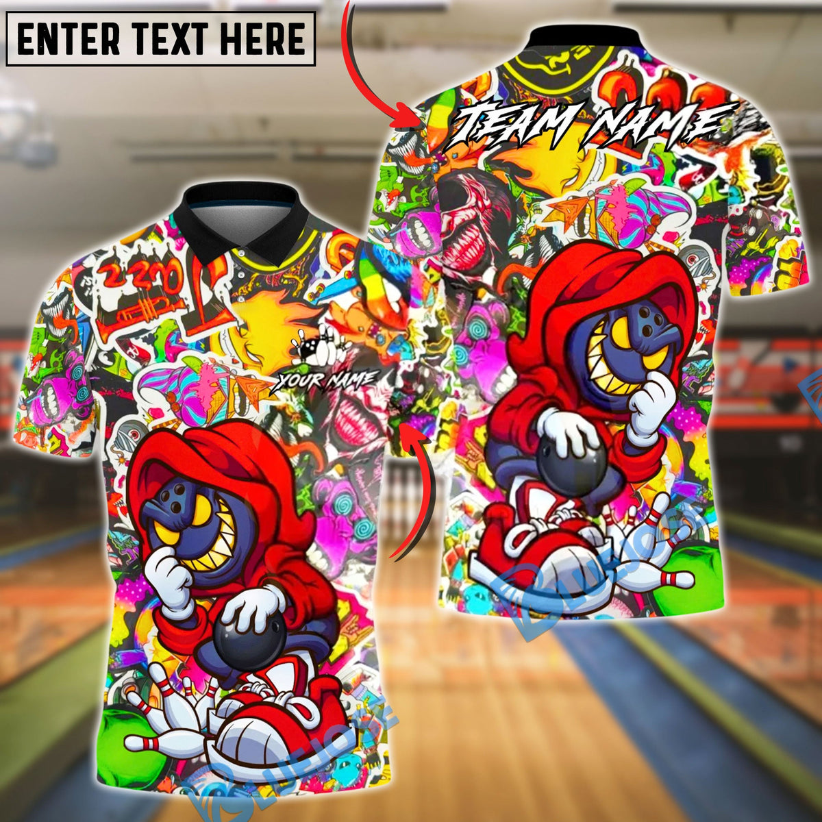 BlueJose Bowling &amp; Pins Street Sticker Hoodie Bowler Customized Name, Team Name 3D Shirt (4 Colors)