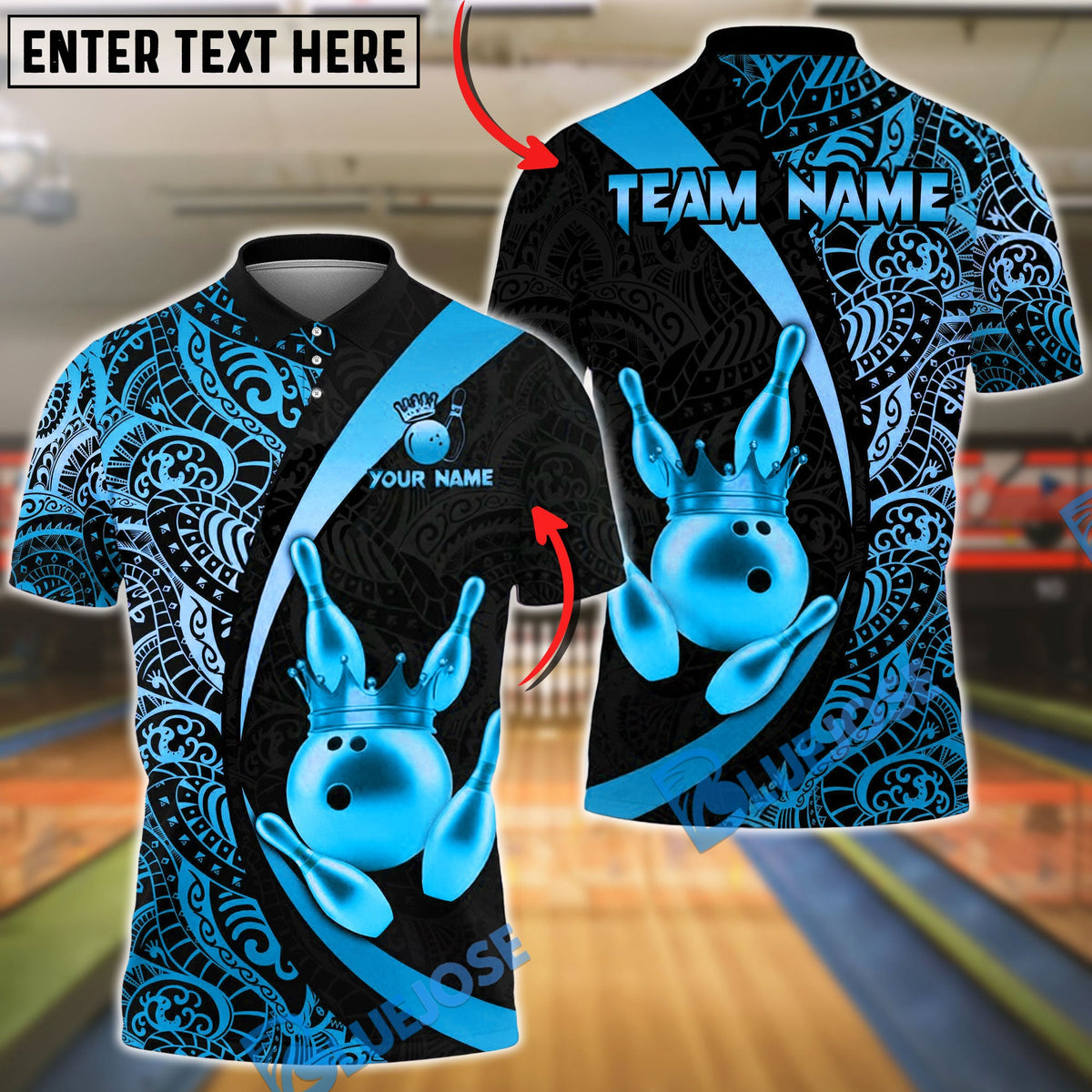 BlueJose Bowling & Pins Royal Crown Luxury Black Gold Customized Name, Team Name 3D Shirt (6 Colors)