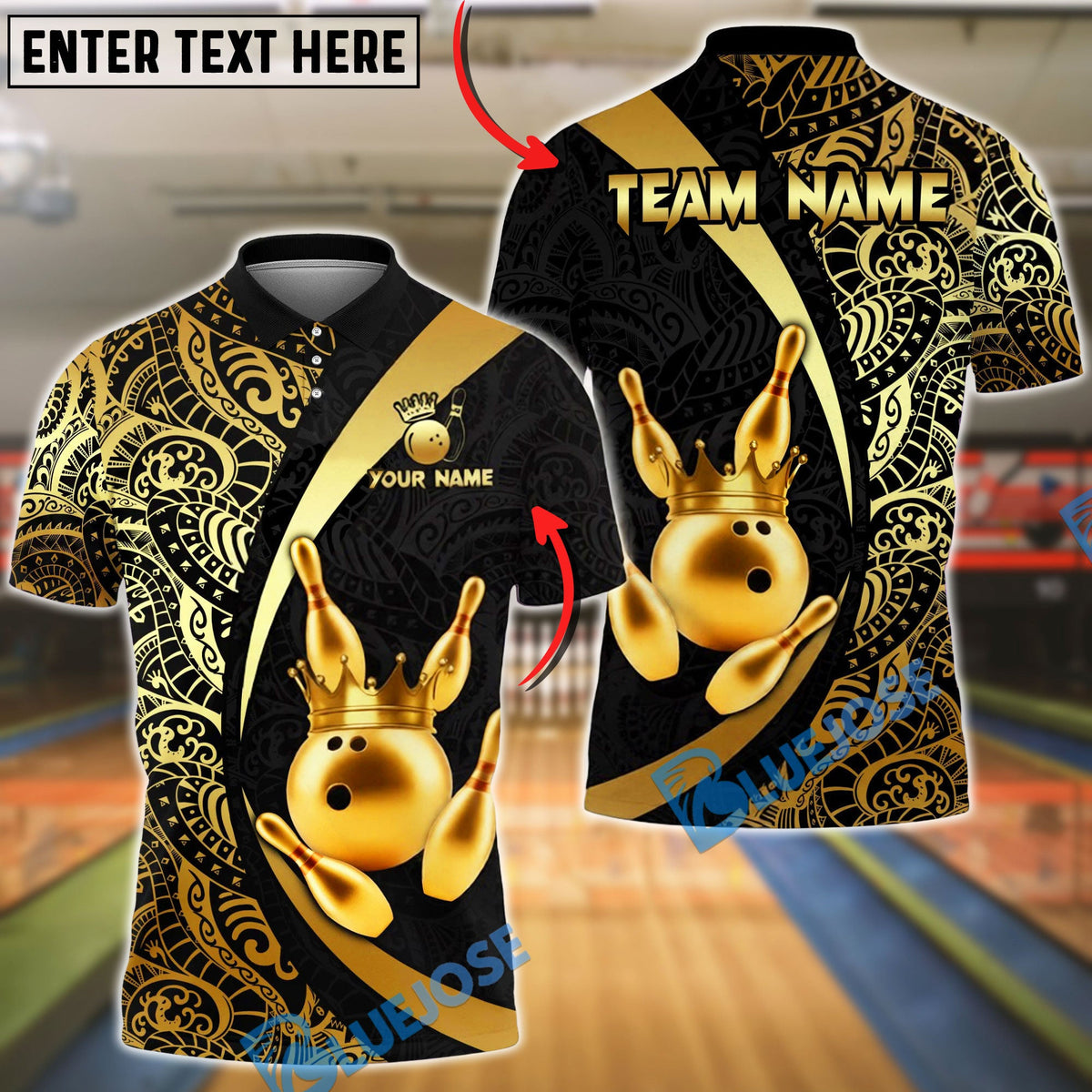 BlueJose Bowling &amp; Pins Royal Crown Luxury Black Gold Customized Name, Team Name 3D Shirt (6 Colors)