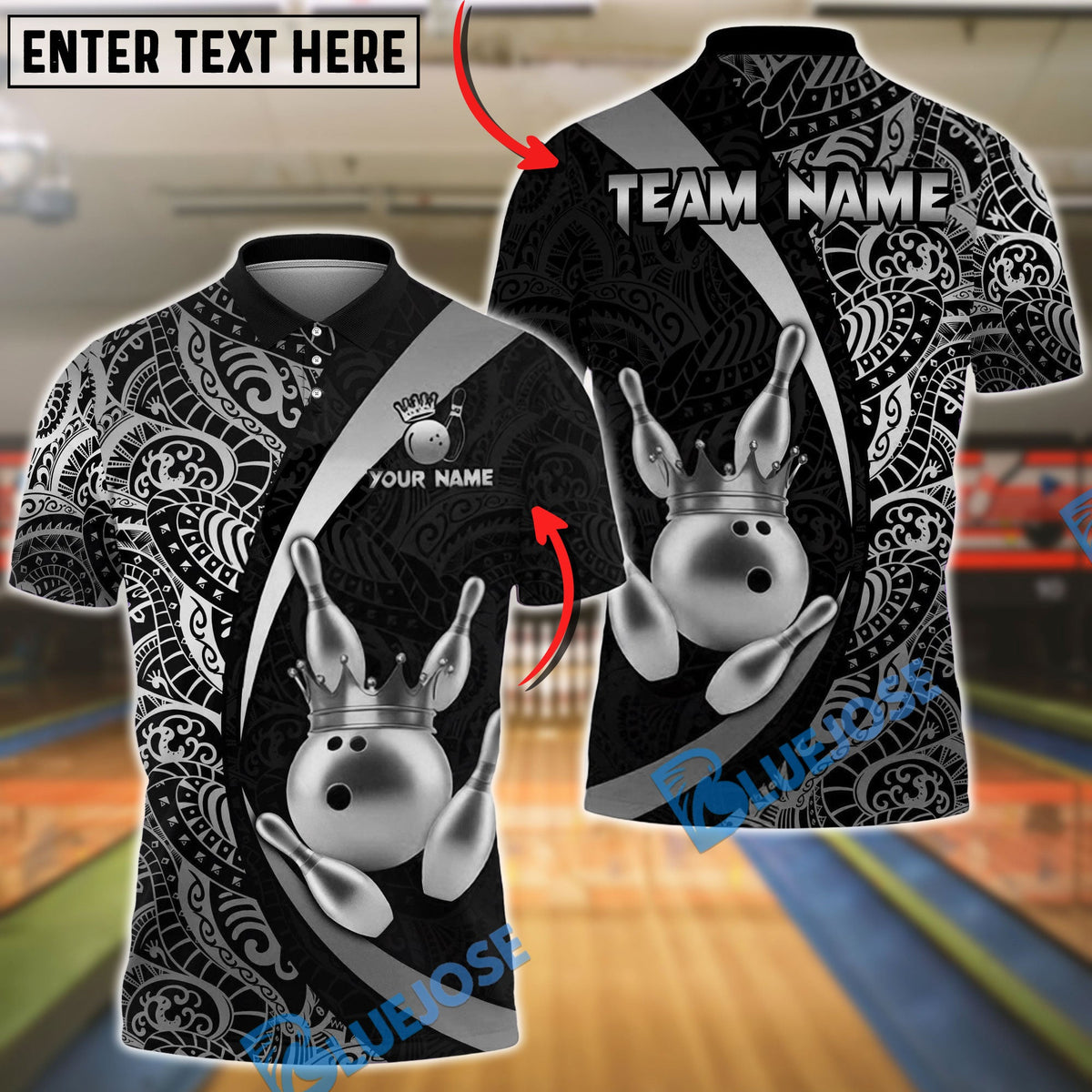 BlueJose Bowling & Pins Royal Crown Luxury Black Gold Customized Name, Team Name 3D Shirt (6 Colors)
