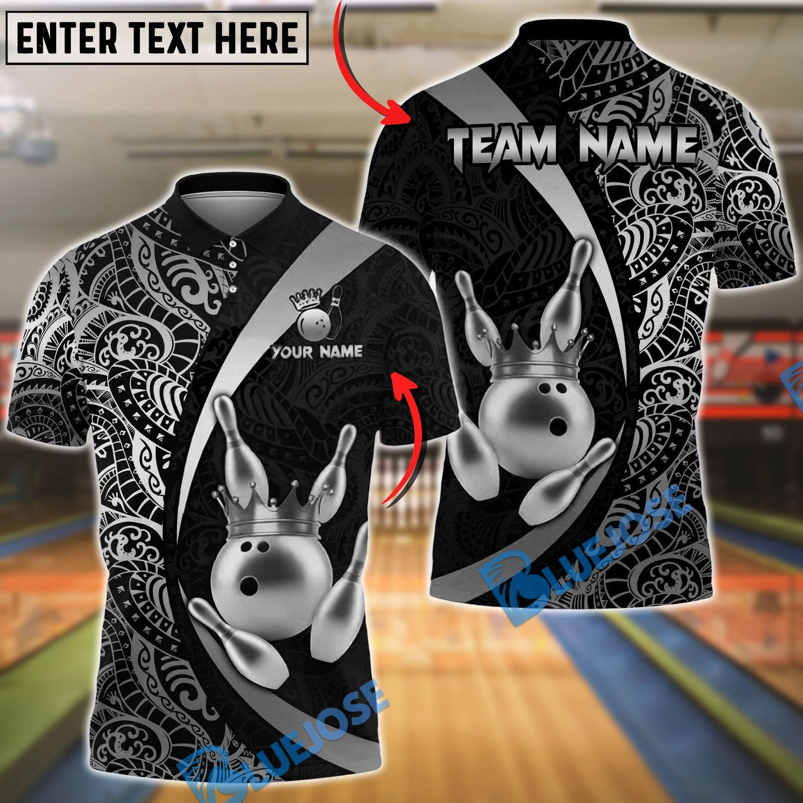 BlueJose Bowling & Pins Royal Crown Luxury Black Gold Customized Name, Team Name 3D Shirt (6 Colors)