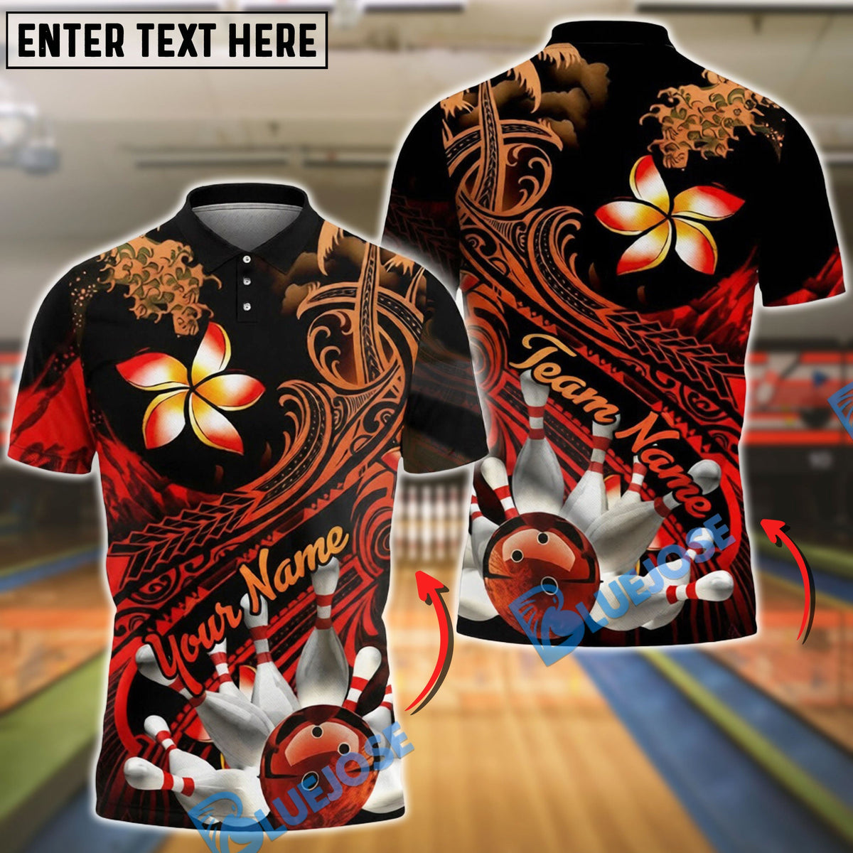 BlueJose Bowling &amp; Pins Polynesian Flame Tribal Style Customized Name, Team Name 3D Shirt (4 Colors)