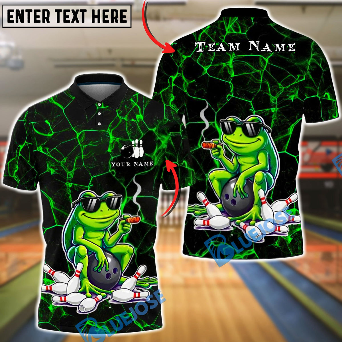 BlueJose Bowling &amp; Pins Cool Frog Smoking Style Customized Name, Team Name 3D Shirt (4 Colors)