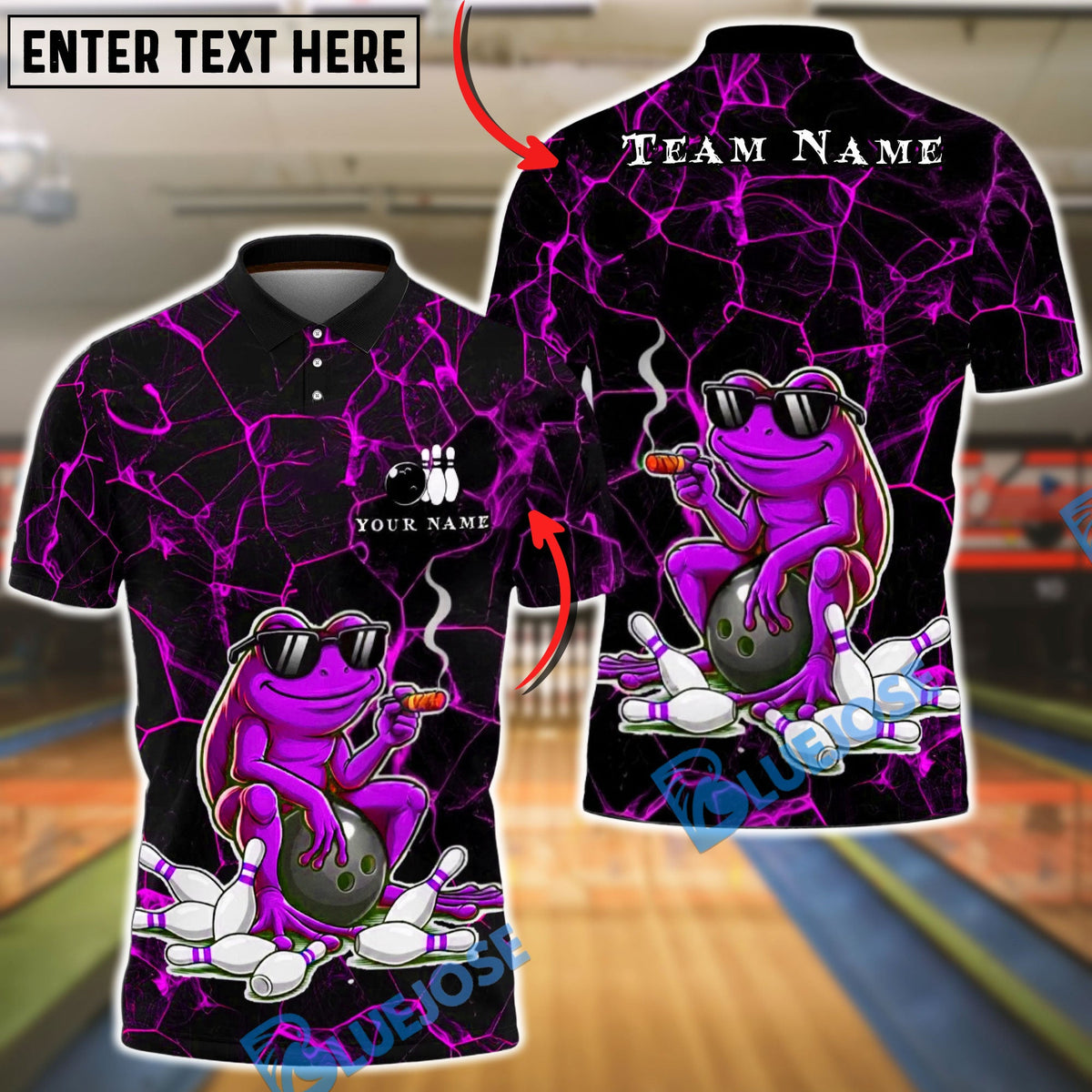 BlueJose Bowling & Pins Cool Frog Smoking Style Customized Name, Team Name 3D Shirt (4 Colors)