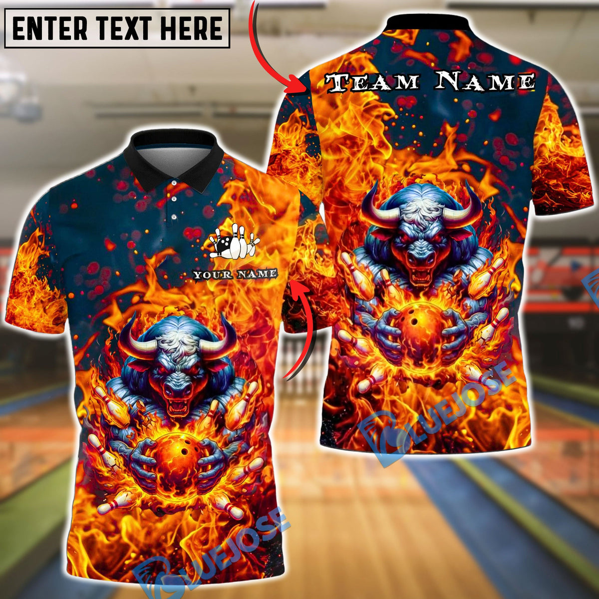 BlueJose Bowling &amp; Pins Inferno Bull Flame Power Customized Name, Team Name 3D Shirt (4 Colors)