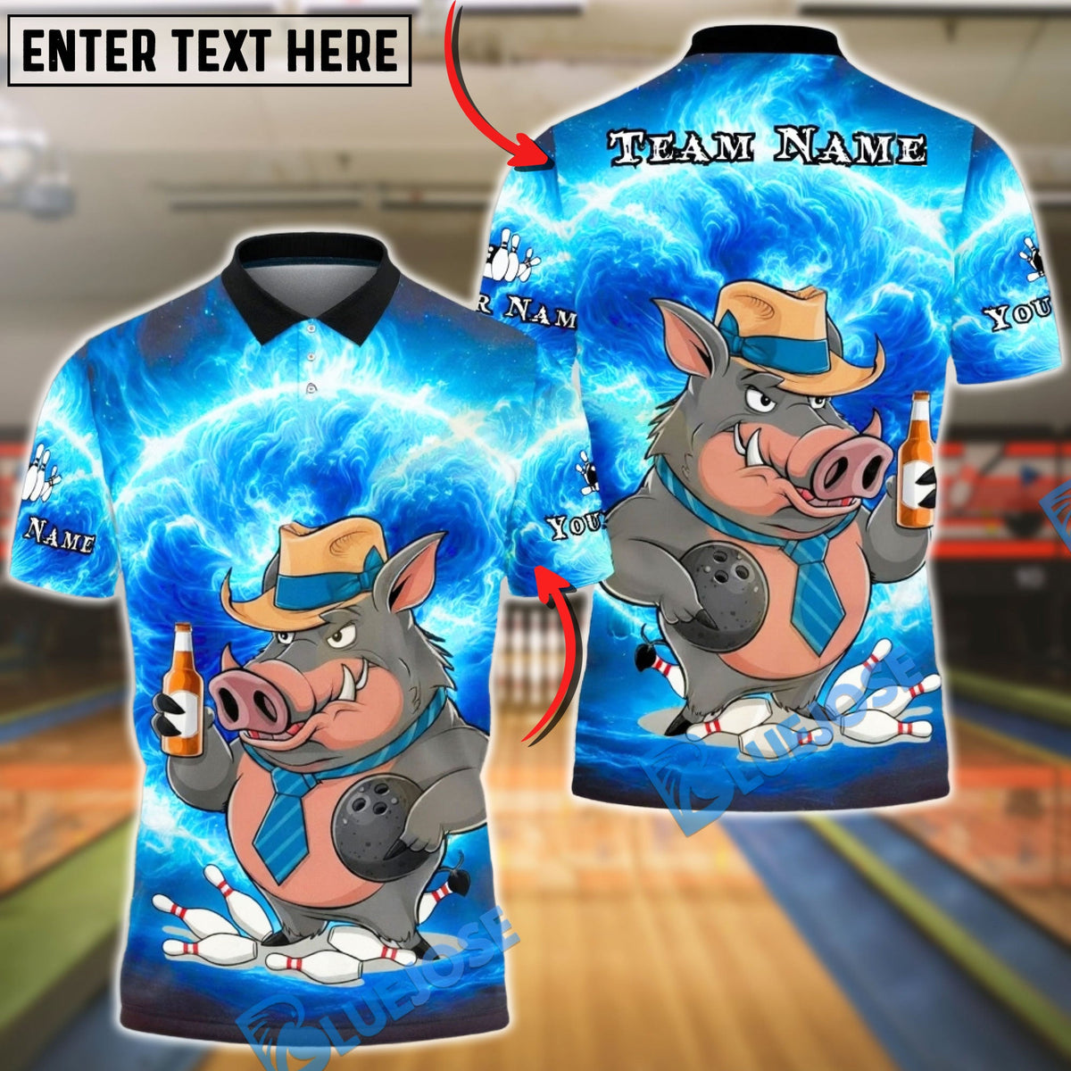 BlueJose Bowling &amp; Pins Storm Boar Warrior Style Customized Name, Team Name 3D Shirt (4 Colors)