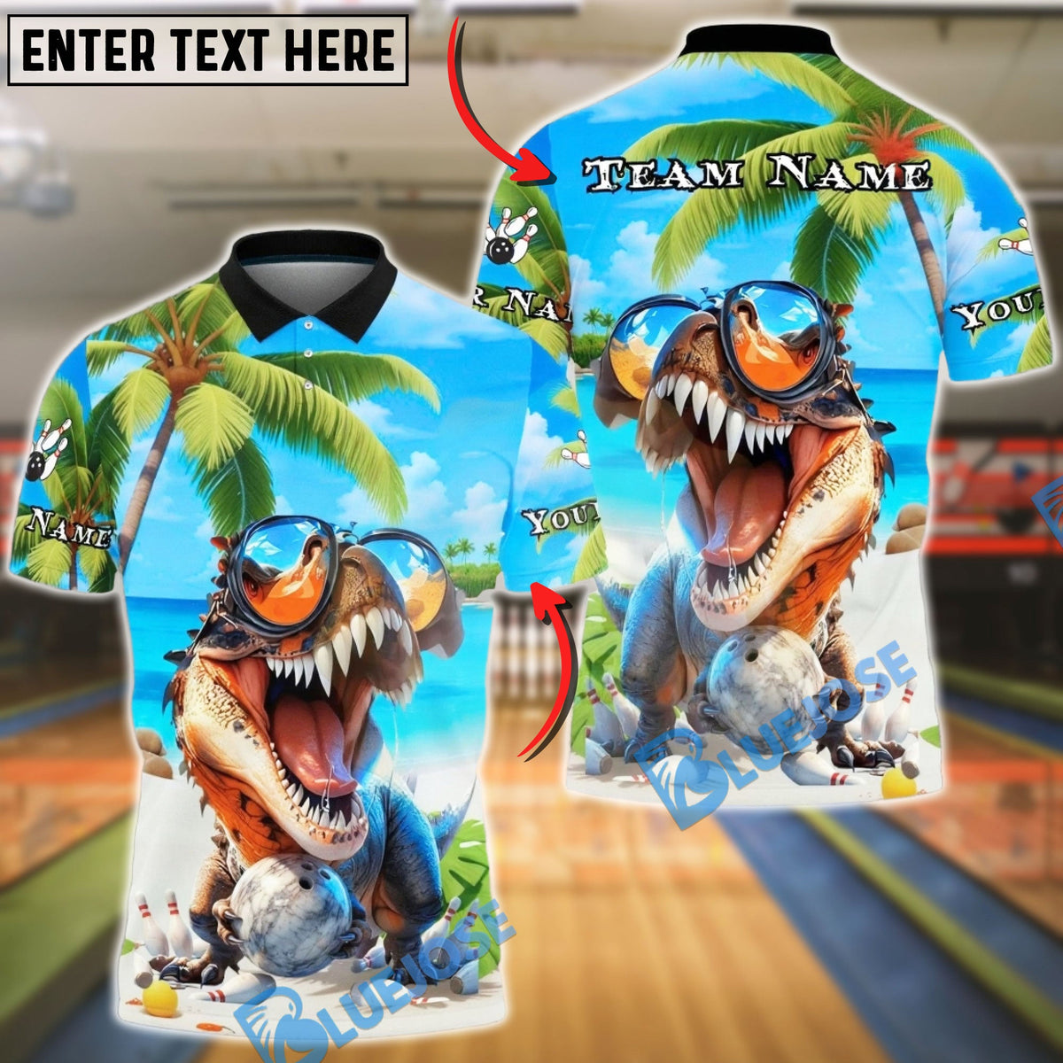 BlueJose Bowling &amp; Pins Summer T-Rex Beach Vibes Customized Name, Team Name 3D Shirt (4 Colors)