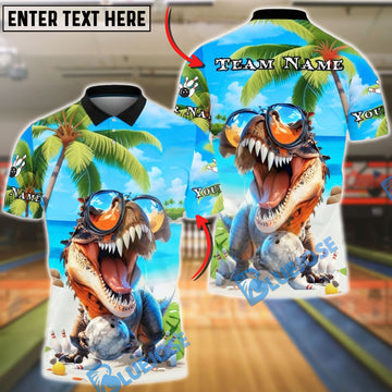 BlueJose Bowling & Pins Summer T-Rex Beach Vibes Customized Name, Team Name 3D Shirt (4 Colors)