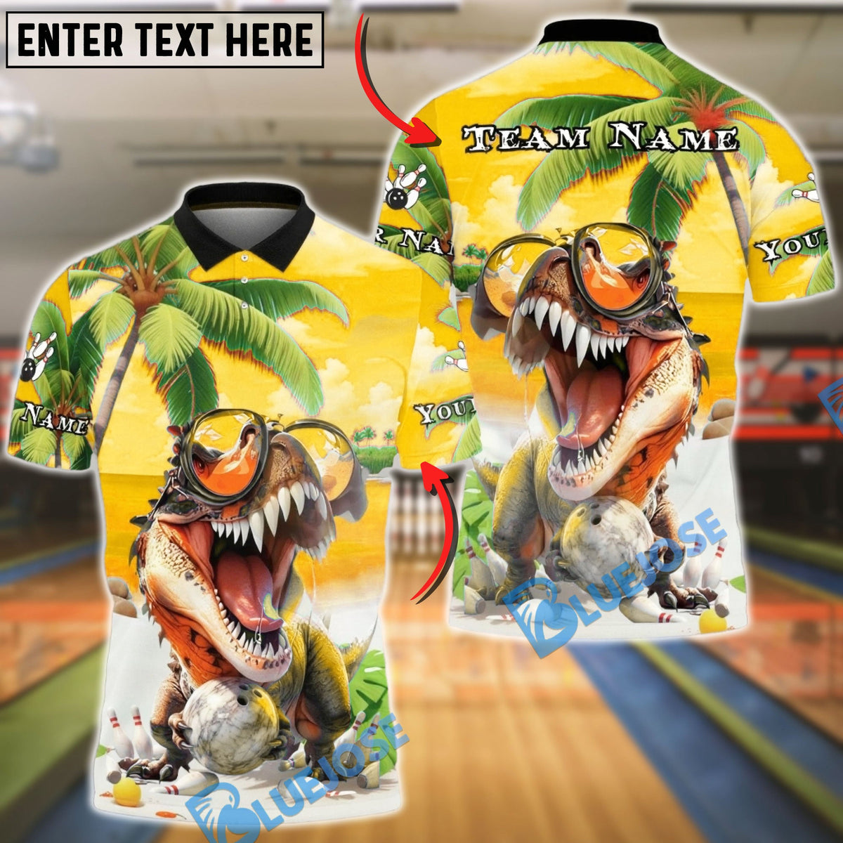 BlueJose Bowling & Pins Summer T-Rex Beach Vibes Customized Name, Team Name 3D Shirt (4 Colors)