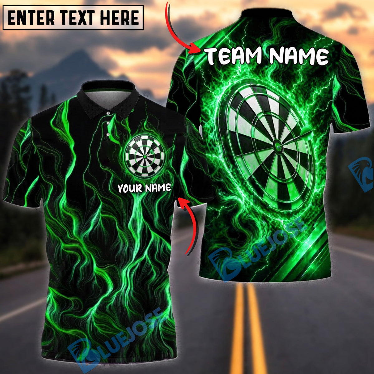 BlueJose Darts Neon Energy Lightning Swirl Personalized Name, Team Name Unisex Shirt (4 Colors)