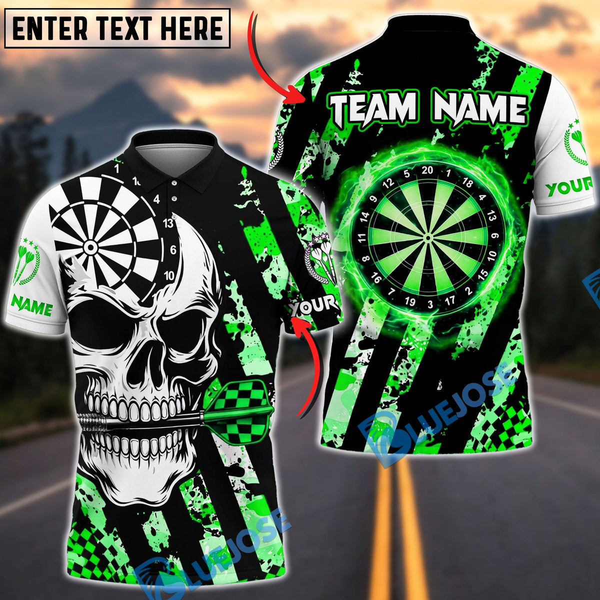 BlueJose Darts Fierce Skull Dartboard Striped Style Personalized Name, Team Name Unisex Shirt (4 Colors)