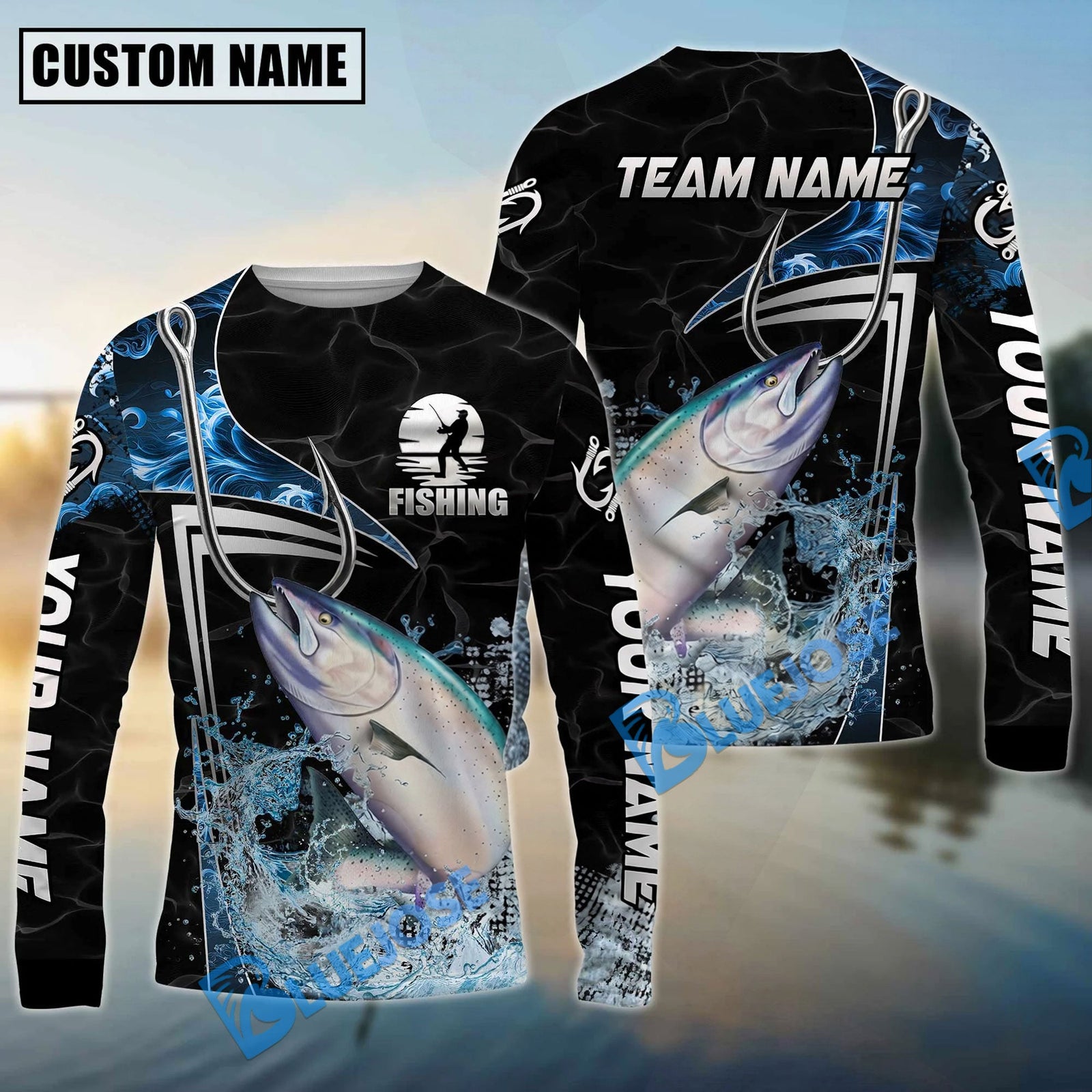 Bluejose Fishing Black Blue Wave Scale Pattern Custom Name & Team Name 3D Shirts (12 Breeds)
