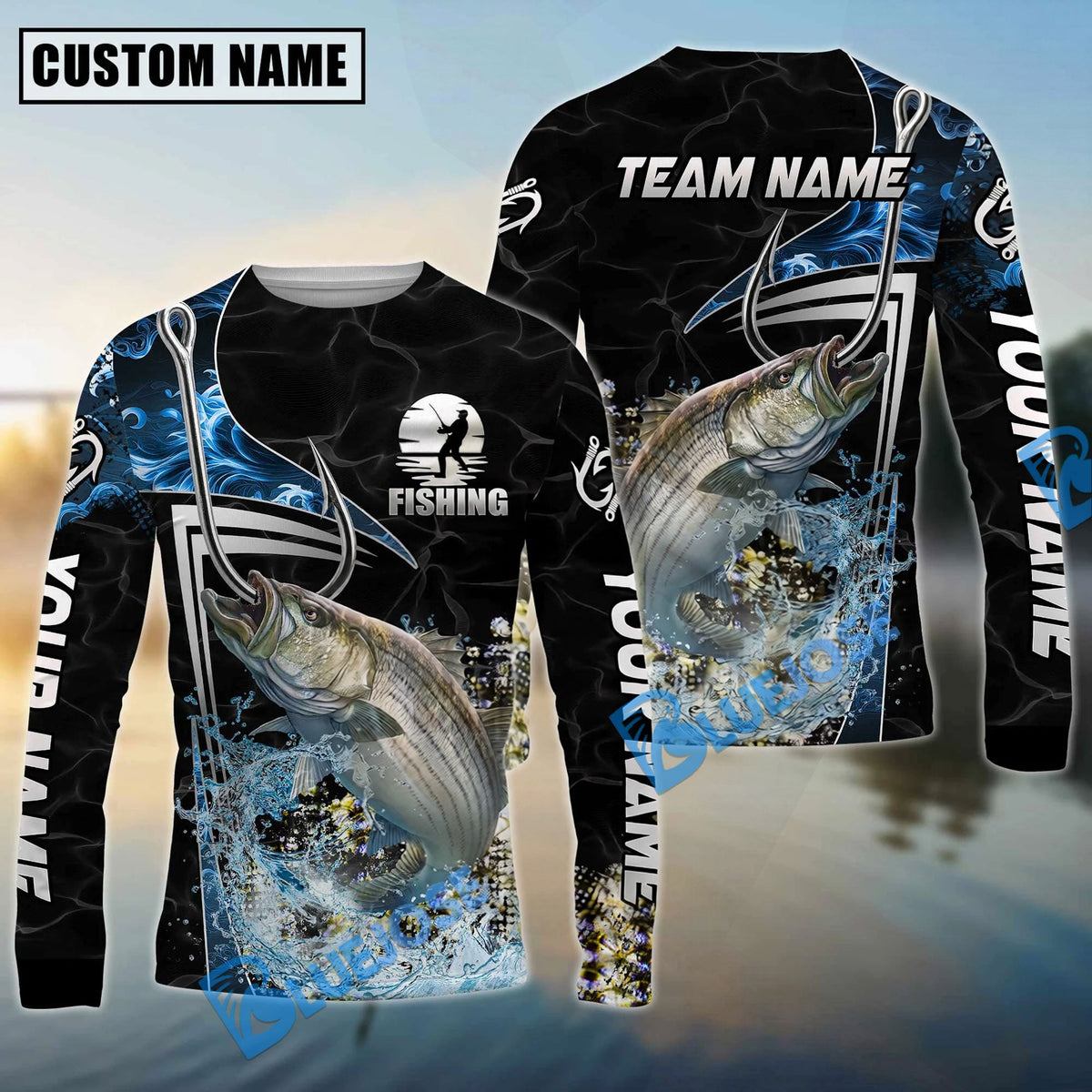 Bluejose Fishing Black Blue Wave Scale Pattern Custom Name & Team Name 3D Shirts (12 Breeds)