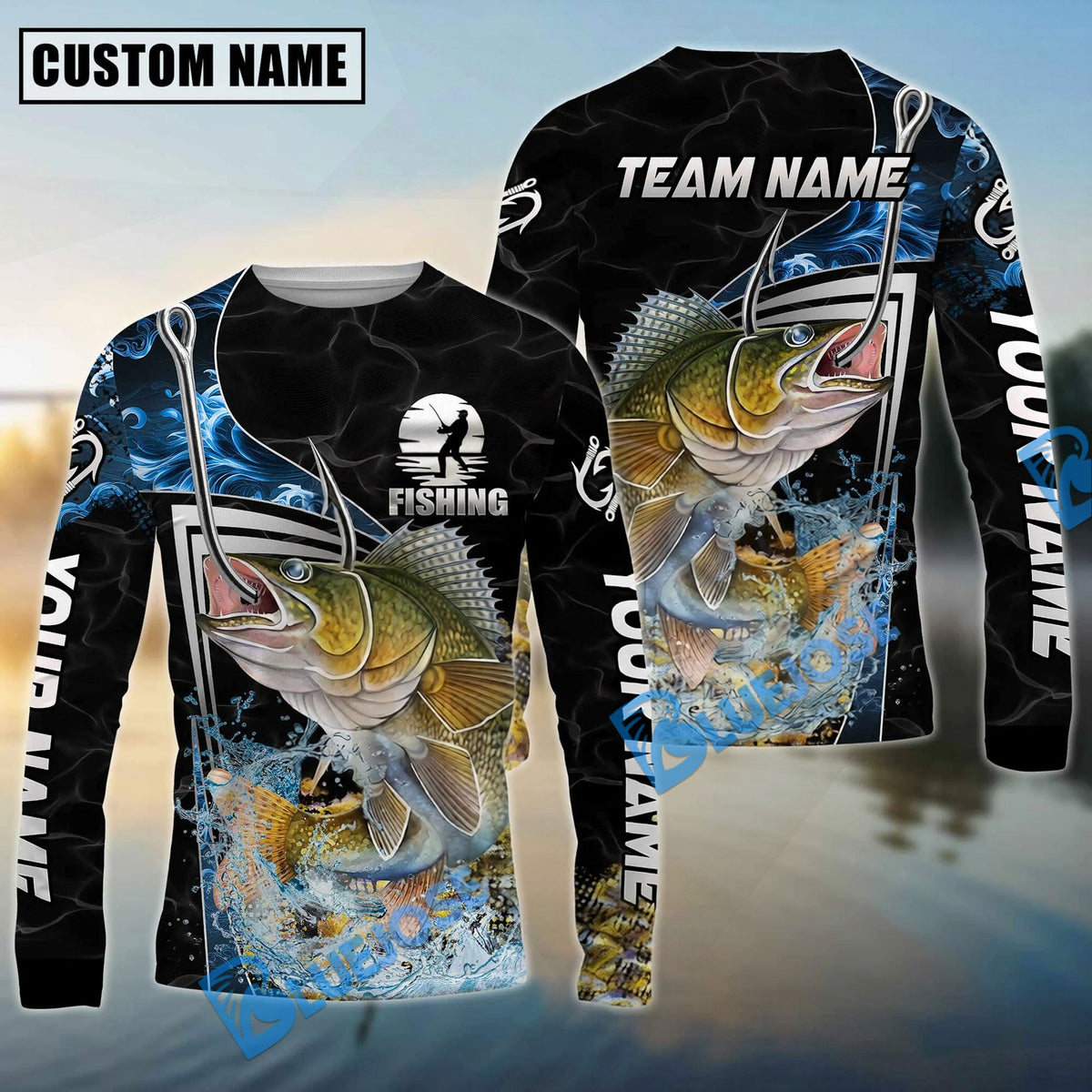 Bluejose Fishing Black Blue Wave Scale Pattern Custom Name &amp; Team Name 3D Shirts (12 Breeds)