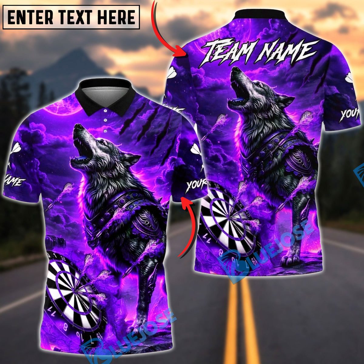 BlueJose Darts Wolf Fire Storm Dark Fantasy Multicolor Options Personalized Name Shirt (4 Colors)