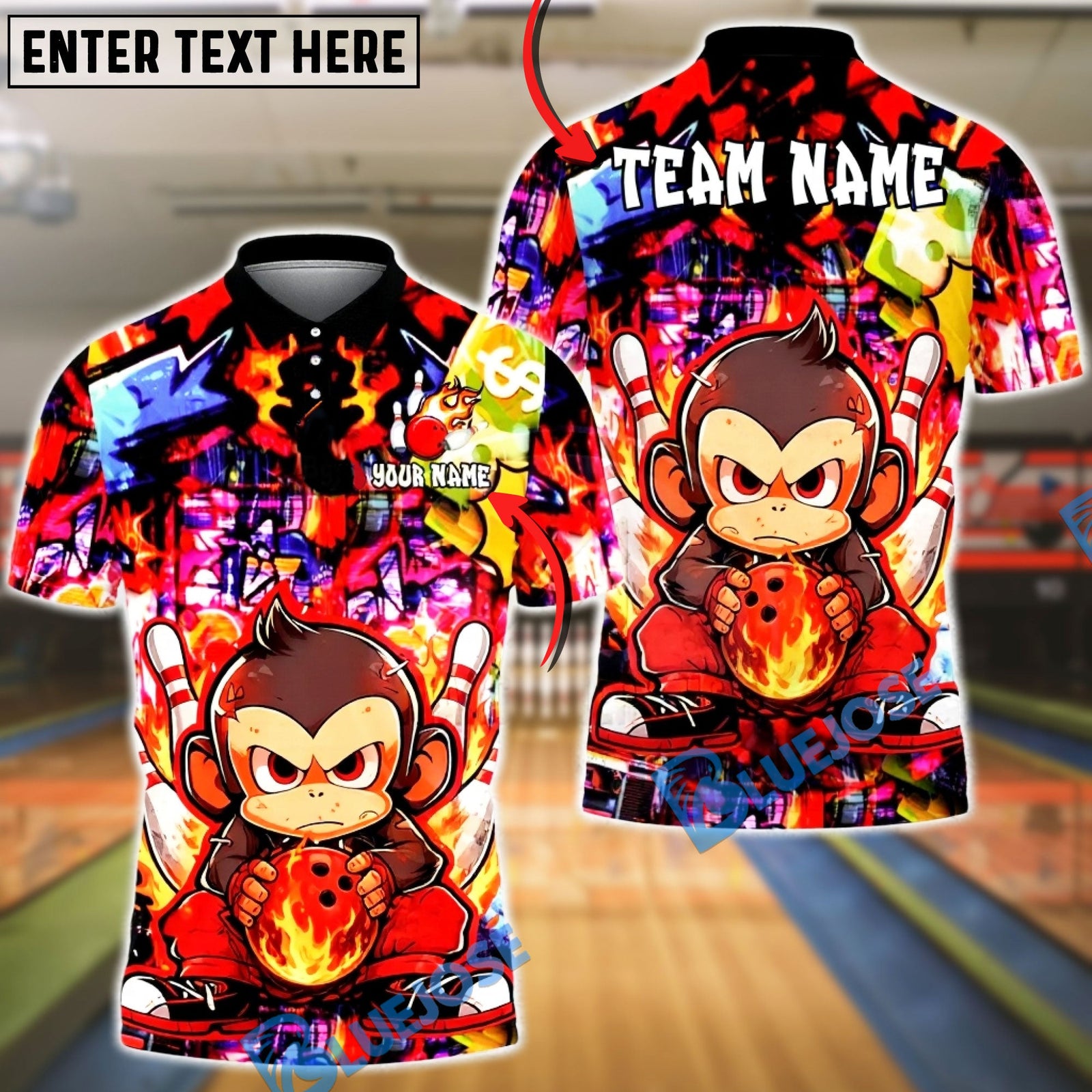 BlueJose Bowling & Pins Graffiti Monkey Fire Ball Street Art Customized Name, Team Name 3D Shirt (4 Colors)