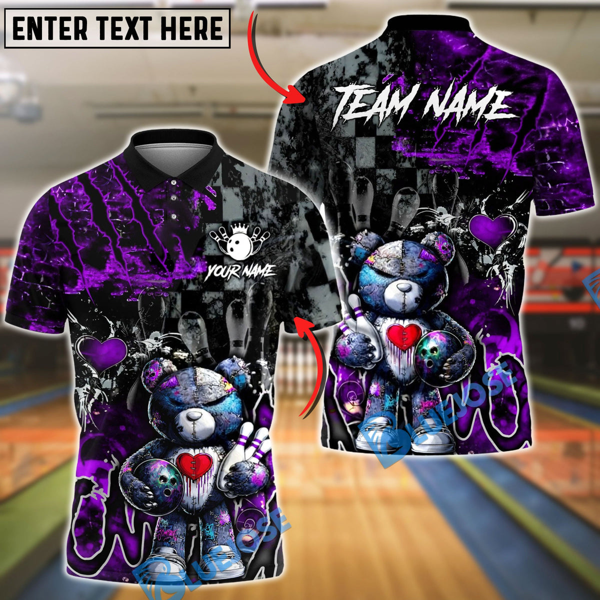 BlueJose Bowling And Pins Gothic Teddy Bear Dark Art Customized Name, Team Name 3D Shirt (4 Colors)