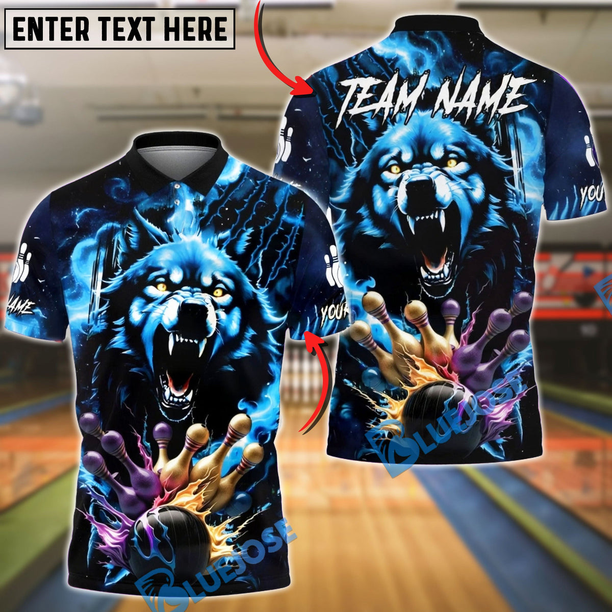 BlueJose Bowling &amp; Pins Neon Wolf Power Strike Customized Name, Team Name 3D Shirt (4 Colors)