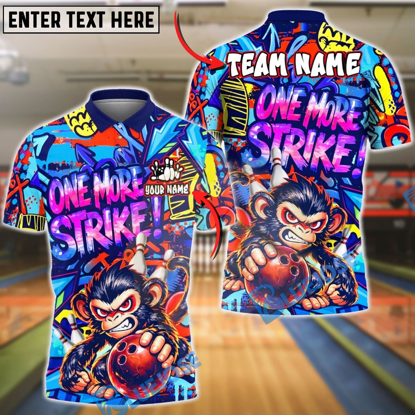 BlueJose Bowling & Pins Angry Monkey One More Strike Graffiti Style Customized Name, Team Name 3D Shirt (4 Colors)