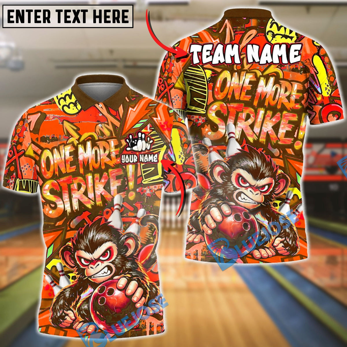 BlueJose Bowling & Pins Angry Monkey One More Strike Graffiti Style Customized Name, Team Name 3D Shirt (4 Colors)