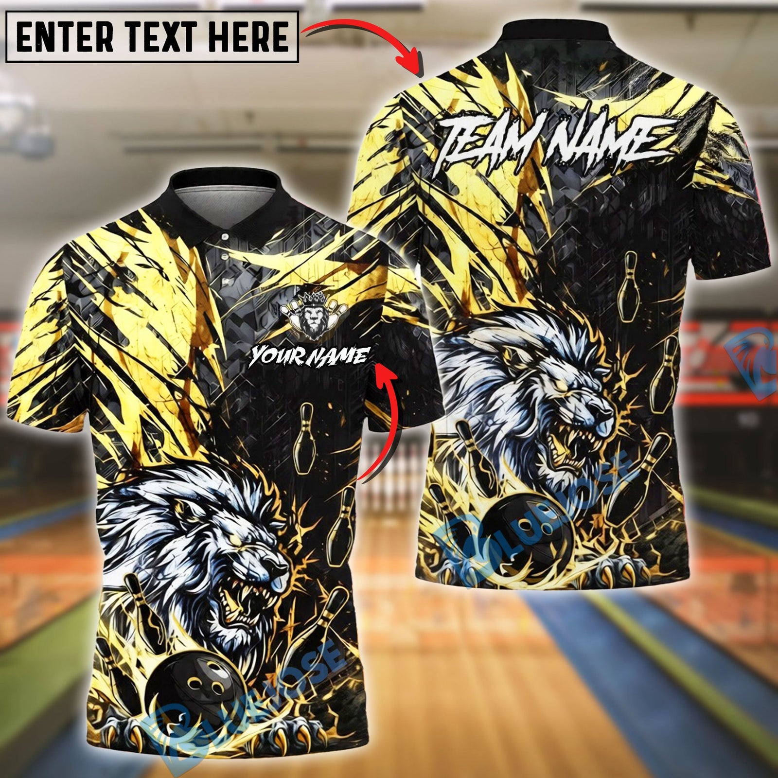 BlueJose Bowling & Pins Lion Power Strike Golden Black Customized Name, Team Name 3D Shirt (6 Colors)