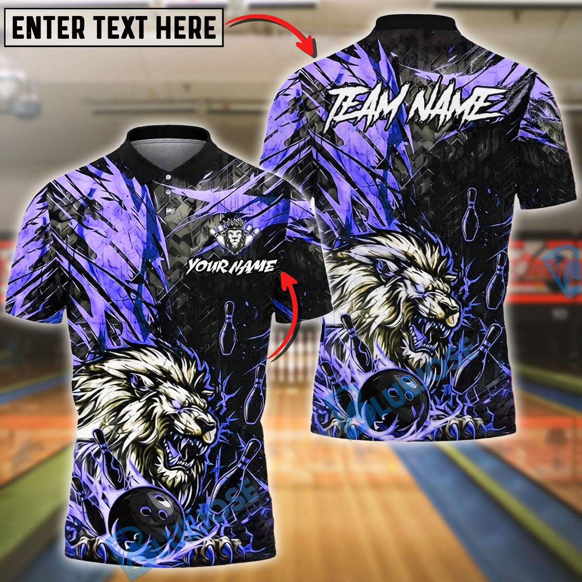 BlueJose Bowling & Pins Lion Power Strike Golden Black Customized Name, Team Name 3D Shirt (6 Colors)