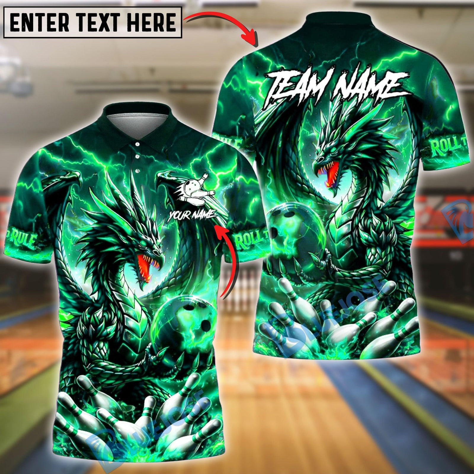 BlueJose Bowling & Pins Dragon Fire Lightning Fantasy Customized Name, Team Name 3D Shirt (4 Colors)