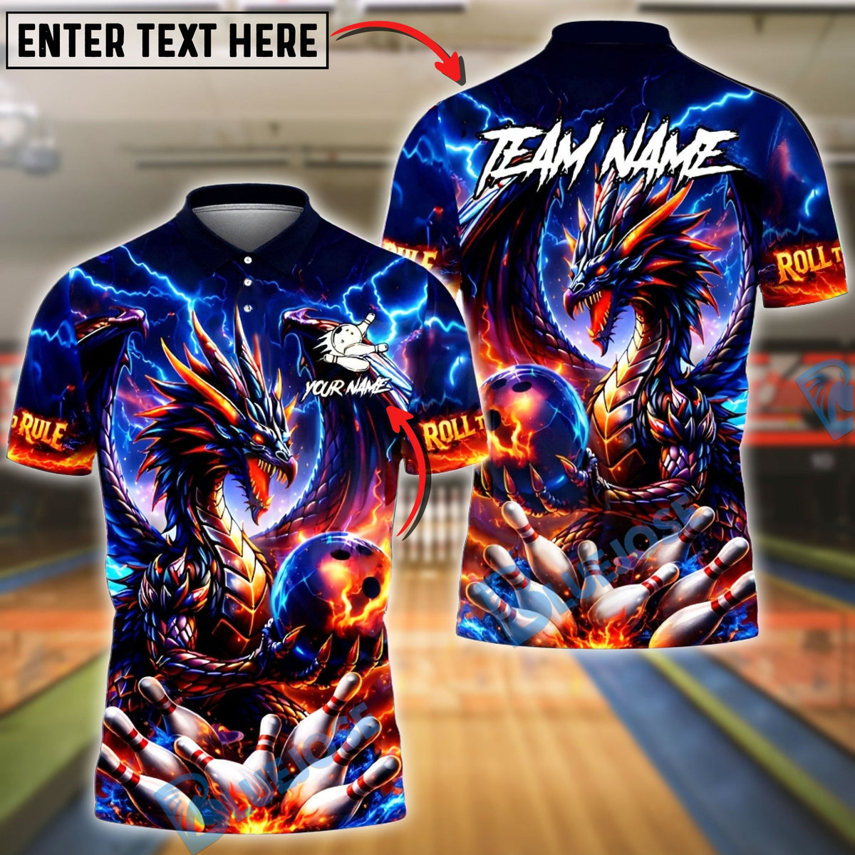 BlueJose Bowling &amp; Pins Dragon Fire Lightning Fantasy Customized Name, Team Name 3D Shirt (4 Colors)
