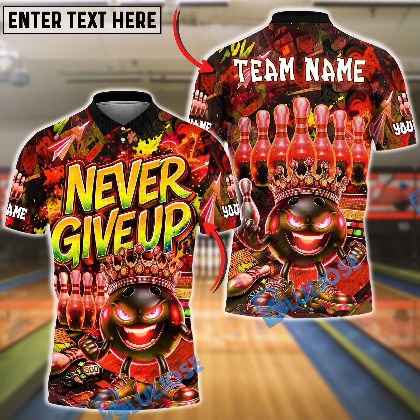 BlueJose Bowling And Pins Neon Bowling Ball Never Give Up Graffiti Style Customized Name, Team Name 3D Shirt (4 Colors)