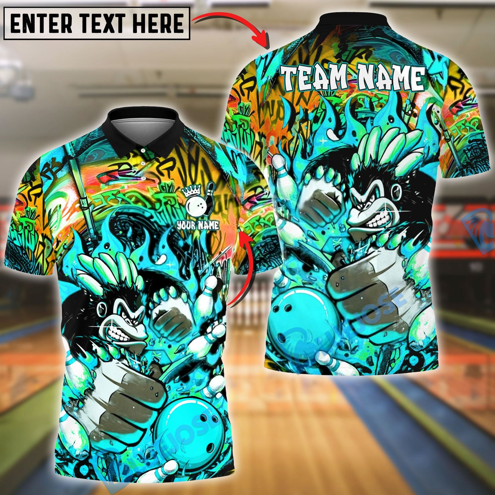 BlueJose Bowling & Pins Graffiti Flame Monkey Mascot Customized Name, Team Name 3D Shirt (4 Colors)