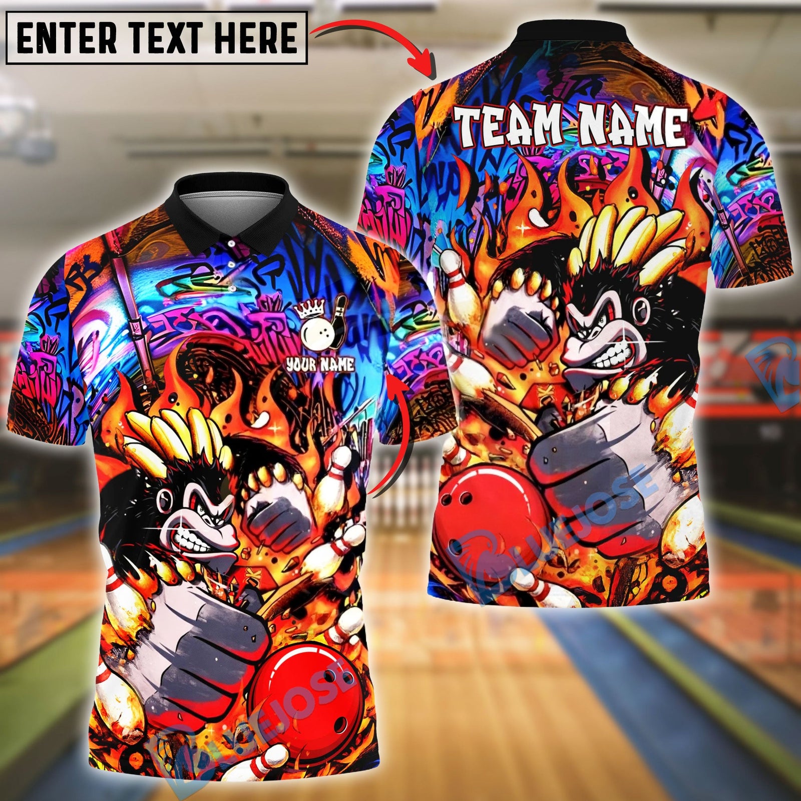 BlueJose Bowling & Pins Graffiti Flame Monkey Mascot Customized Name, Team Name 3D Shirt (4 Colors)