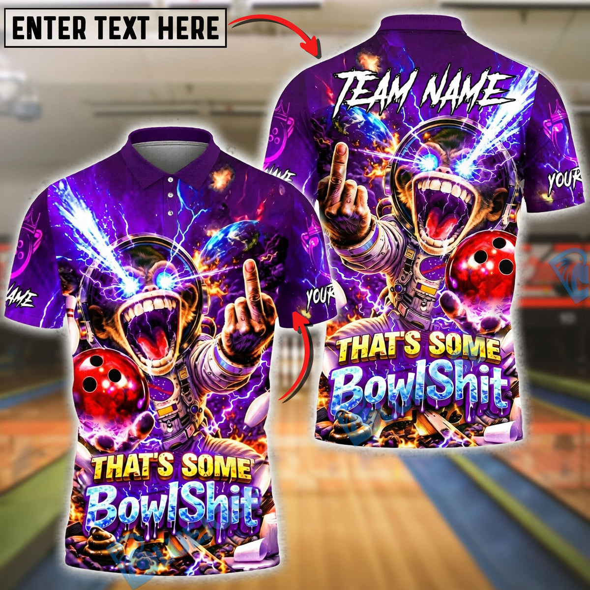 BlueJose Bowling And Pins Funny Graphic Space Monkey Lightning Explosion Customized Name, Team Name 3D Shirt (6 Colors)
