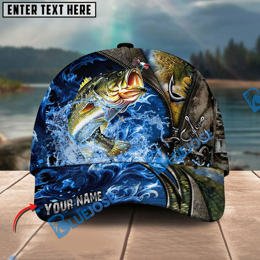 BlueJose Fishing Ocean Wave Hook Zipper Style Personalized Name Classic 3D Cap Personalized Cap (13 Breeds)