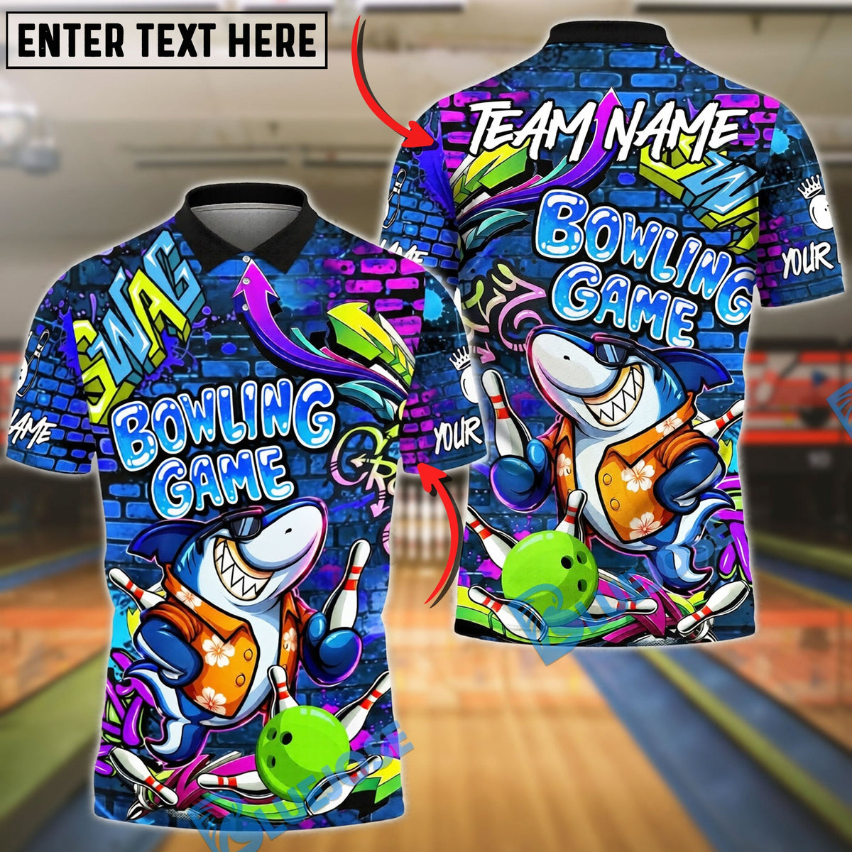BlueJose Bowling And Pins Graffiti Shark Neon Street Art Brick Wall Customized Name, Team Name 3D Shirt (4 Colors)