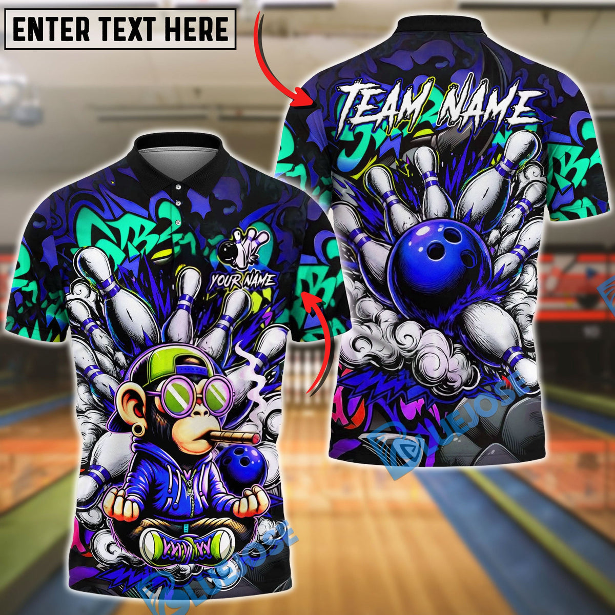 BlueJose Bowling And Pins Graffiti Monkey Street Art Explosion Customized Name, Team Name 3D Shirt (6 Colors)