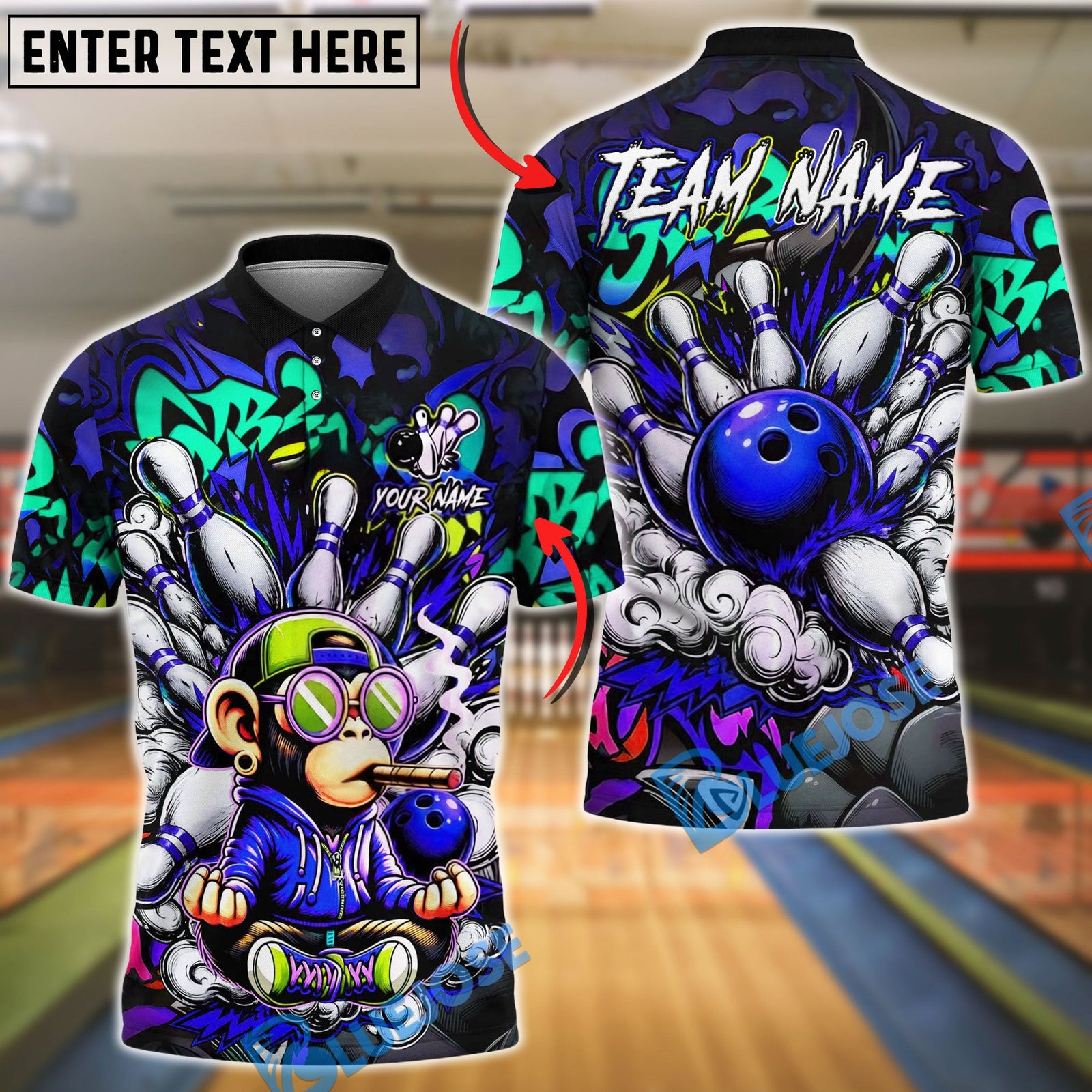 BlueJose Bowling And Pins Graffiti Monkey Street Art Explosion Customized Name, Team Name 3D Shirt (6 Colors)