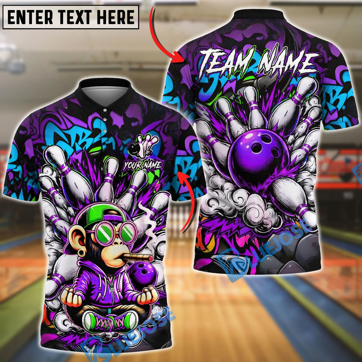 BlueJose Bowling And Pins Graffiti Monkey Street Art Explosion Customized Name, Team Name 3D Shirt (6 Colors)
