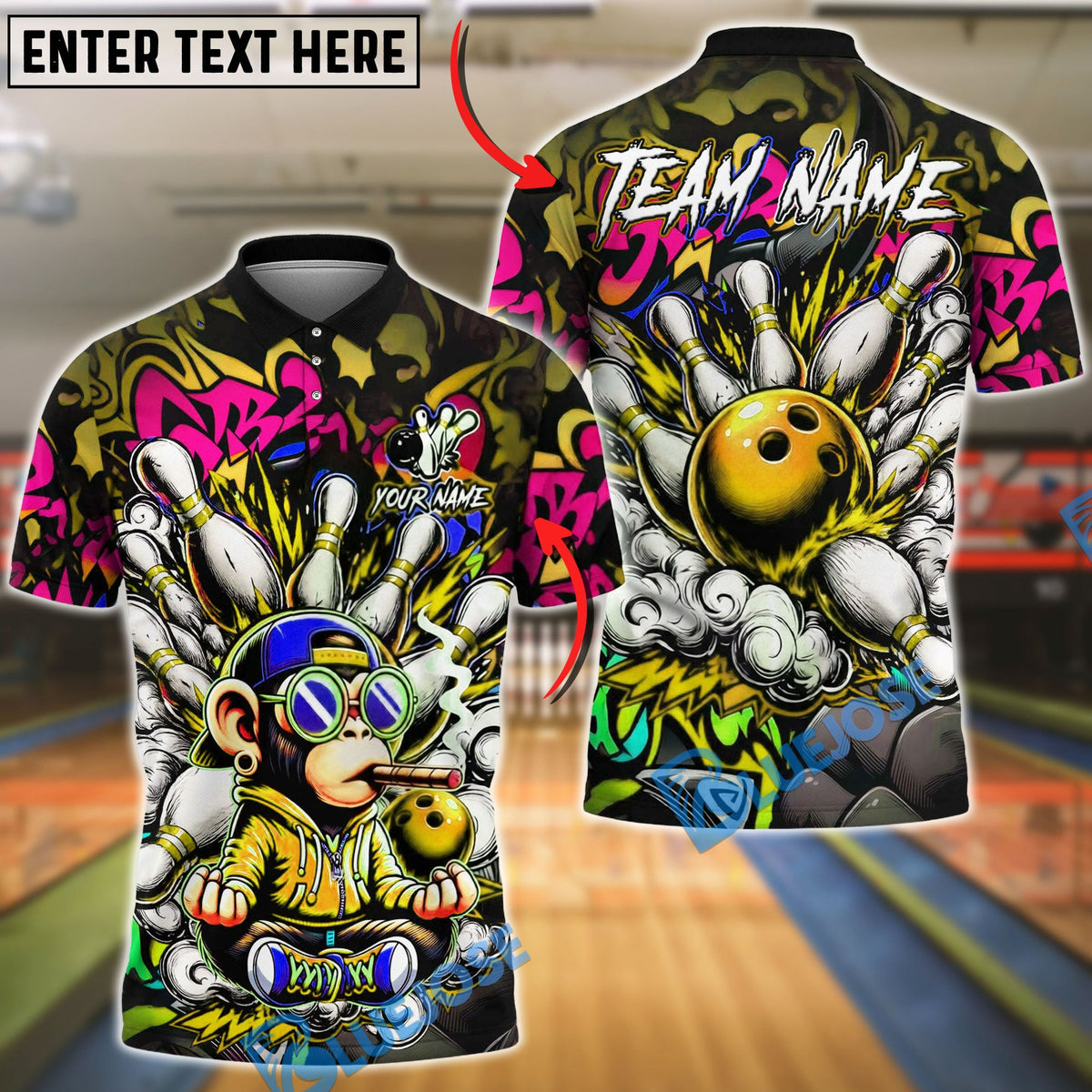BlueJose Bowling And Pins Graffiti Monkey Street Art Explosion Customized Name, Team Name 3D Shirt (6 Colors)
