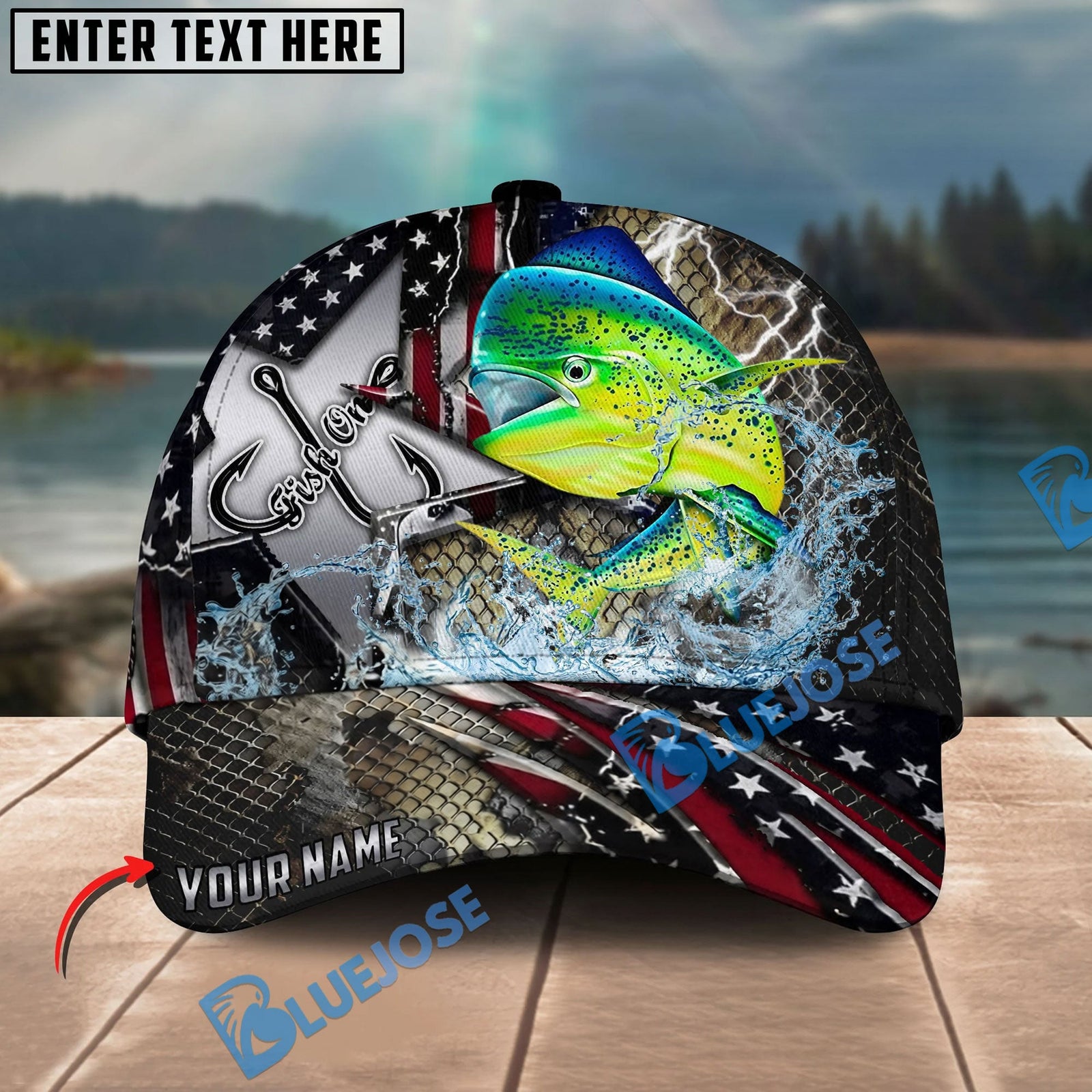 BlueJose Fishing Vintage Hook Patriotic Style Personalized Name Classic 3D Cap Personalized Cap (13 Breeds)