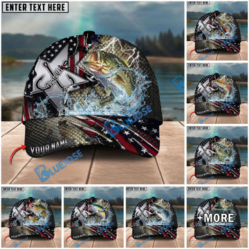 BlueJose Fishing Vintage Hook Patriotic Style Personalized Name Classic 3D Cap Personalized Cap (13 Breeds)