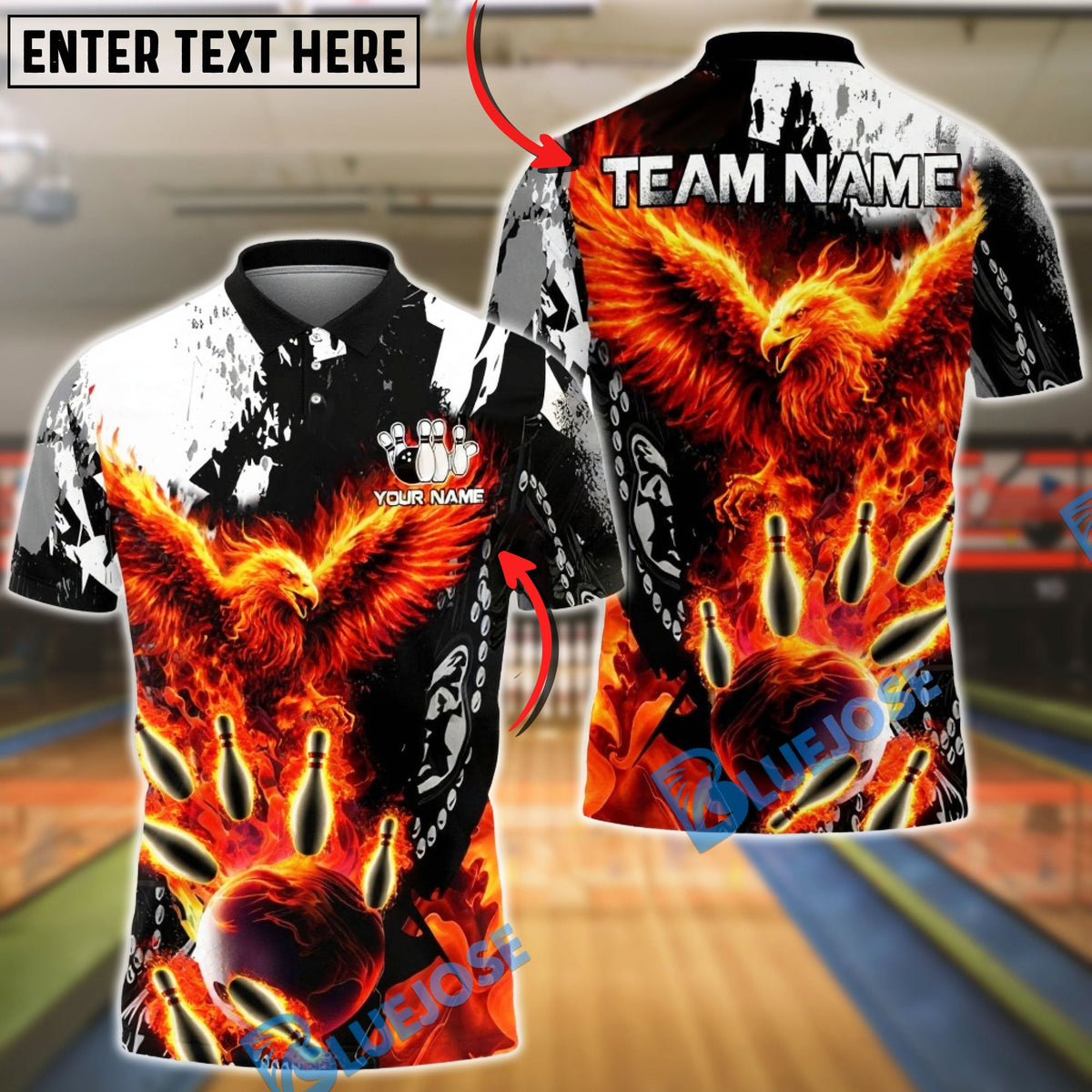BlueJose Bowling &amp; Pins Phoenix Fire Strike Customized Name, Team Name 3D Shirt (4 Colors)