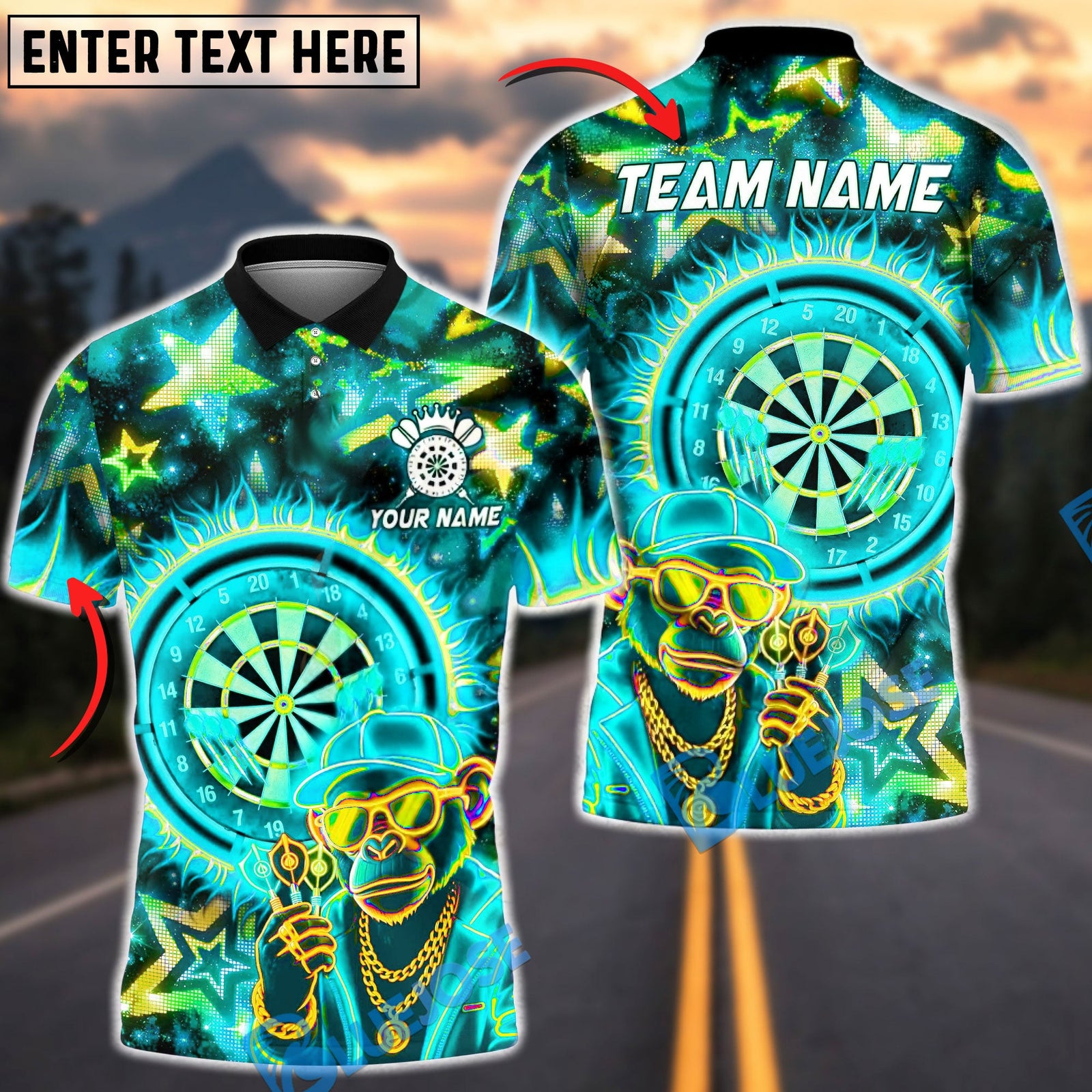BlueJose Darts Neon Monkey Dartboard Street Style Personalized Name, Team Name Unisex Shirt (4 Colors)