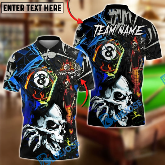 BlueJose Billiards Skull Fire 8 Ball Neon Street Art Style Personalized Name, Team Name Unisex Shirt (4 Colors)