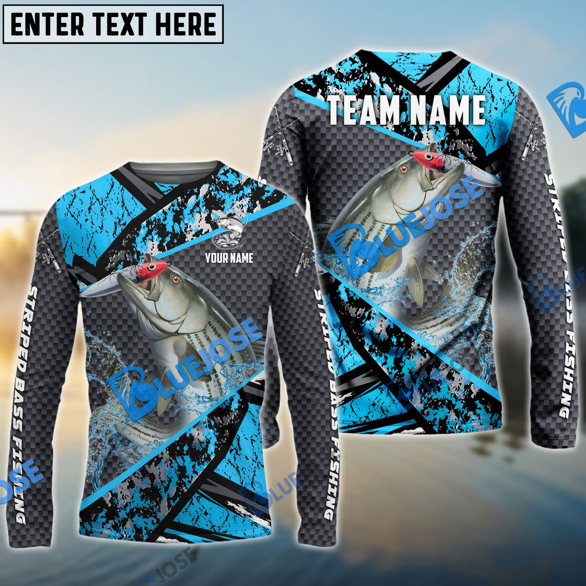 Bluejose Striped Bass Fishing Blue Camo 2 Sport Custom Name &amp; Team Name 3D Shirts