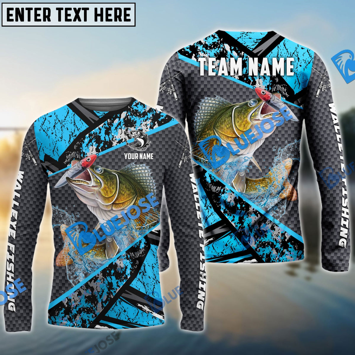Bluejose Walleye Fishing Blue Camo 2 Sport Custom Name &amp; Team Name 3D Shirts
