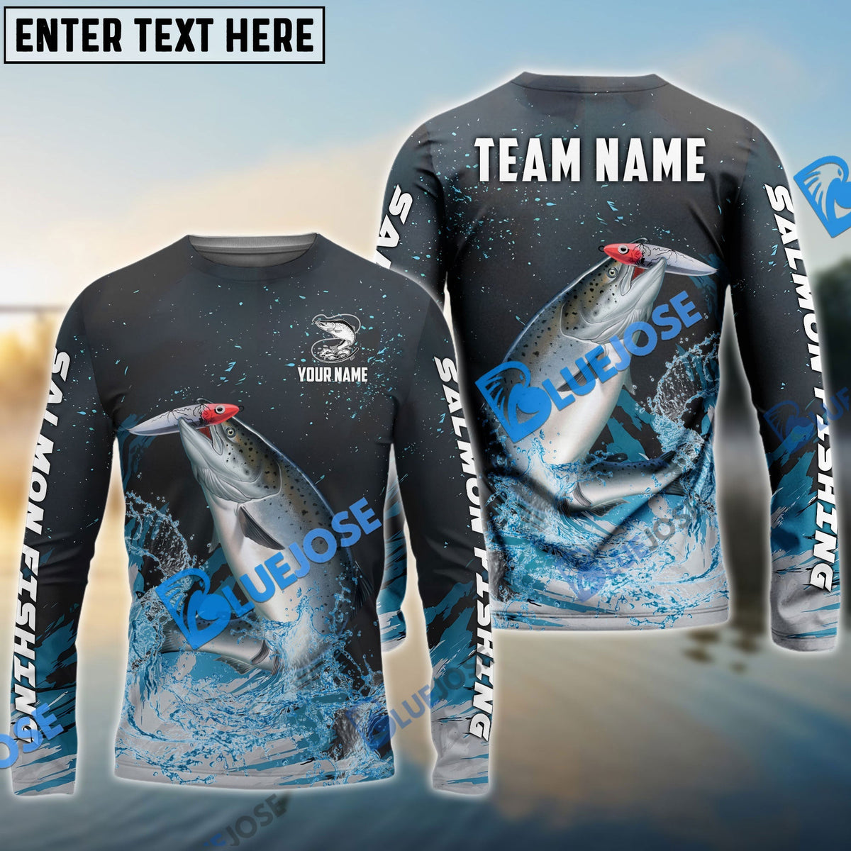 Bluejose Salmon Fishing Dark Blue Sport Custom Name &amp; Team Name 3D Shirts