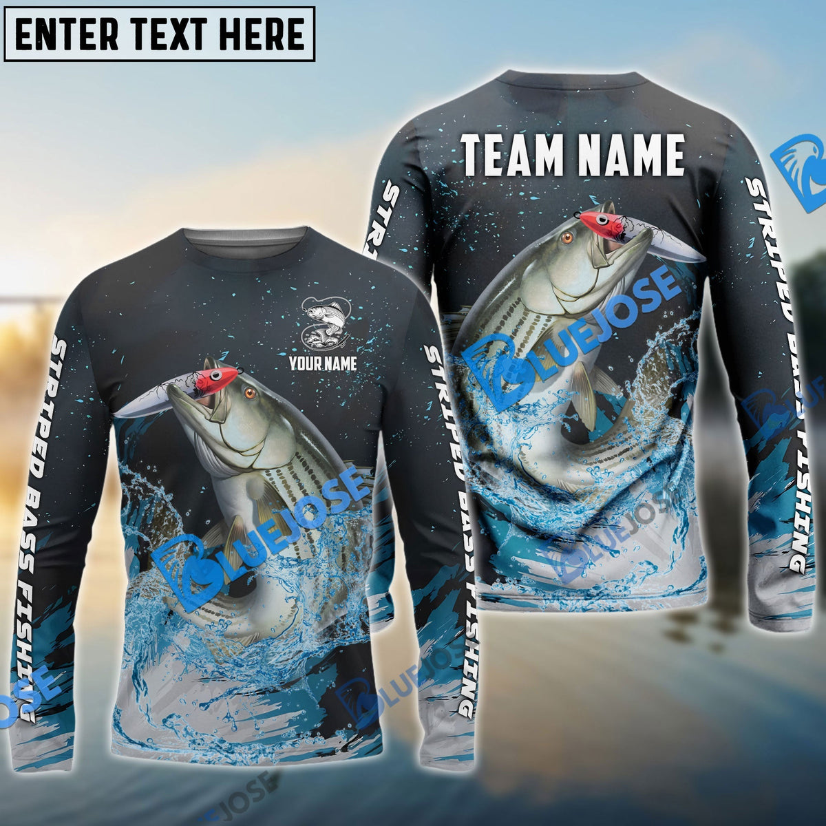 Bluejose Striped Bass Fishing Dark Blue Sport Custom Name &amp; Team Name 3D Shirts